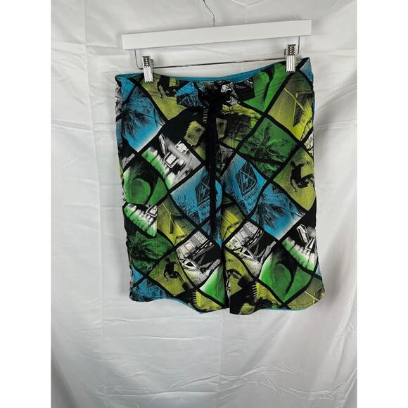 Blue Sol Boardshorts Men 32 Green Blue Check Hybrid Swim Beach Surf Trunks - Picture 1 of 5